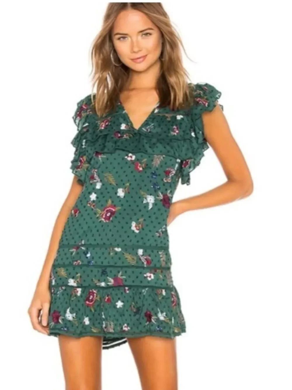 Tularosa Lindsay Embroidered Ruffle Mini Dress Green Floral Sz XS
